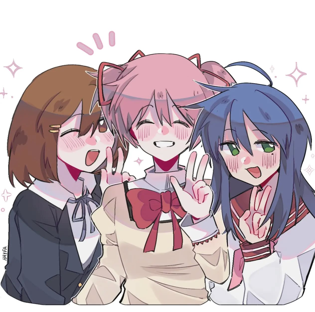 poko (powk0 o), hirasawa yui, izumi konata, kaname madoka, k-on!, lucky star, mahou shoujo madoka magica, bad id, bad instagram id, highres, 3girls, :d, ^ ^, ahoge, blazer, blue hair, blue jacket, blue ribbon, blush, bow, bowtie, brown eyes, brown hair, closed eyes, collared shirt, crossover, green eyes, grin, hair between eyes, hair ornament, hairclip, happy aura, jacket, long hair, mitakihara school uniform, mole, mole under eye, multiple girls, neck ribbon, neckerchief, one eye closed, open mouth, parallel hairclips, pink hair, pink neckerchief, red bow, red bowtie, red sailor collar, ribbon, ryouou school uniform, sailor collar, sakuragaoka high school uniform, school uniform, shirt, short hair, short twintails, smile, sparkle, twintails, upper body, v, w, white shirt