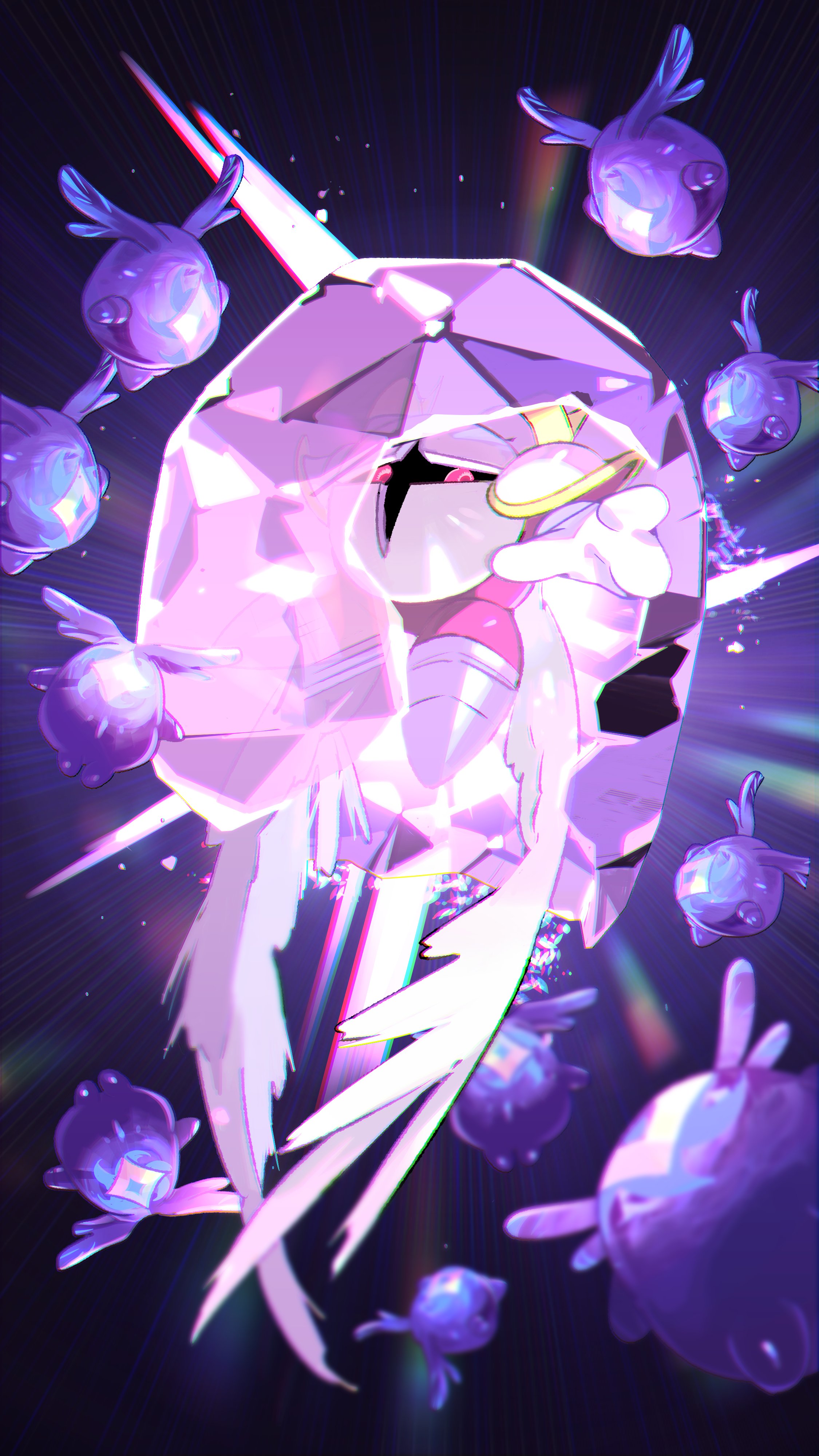 higuchi megumi, galacta knight, starry (kirby), kirby (series), kirby and the forgotten land, nintendo, star-crossed world, absurdres, commentary request, highres, 6+others, armor, crystal, feathered wings, glowing, horns, multiple others, no humans, pauldrons, pink eyes, shoulder armor, surrounded, wings