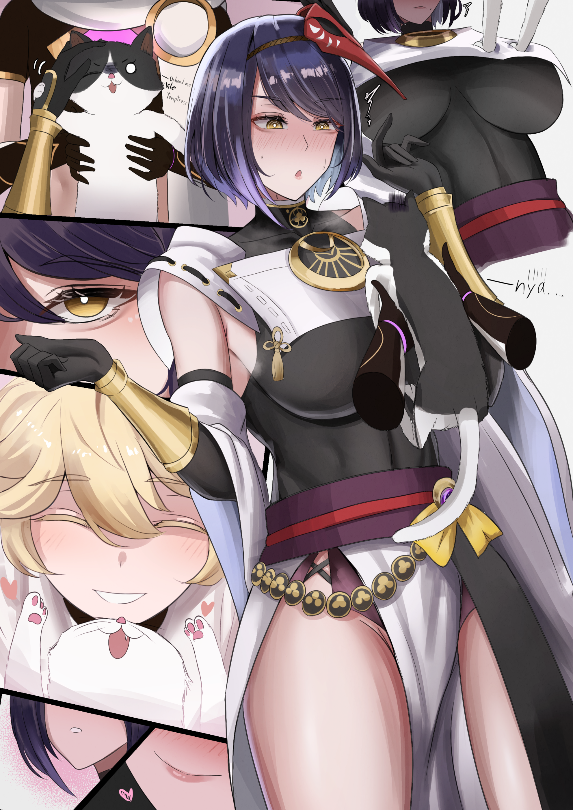 hans-kun, aether (genshin impact), kujou sara, genshin impact, absurdres, commentary, english commentary, highres, !, 1boy, 1girl, abs, animal, bare shoulders, black gloves, blonde hair, blush, breasts, cat, closed eyes, gloves, heart, large breasts, mask, open clothes, open mouth, pelvic curtain, puffy sleeves, short hair, smile, tengu mask, underboob, undersuit, yellow eyes