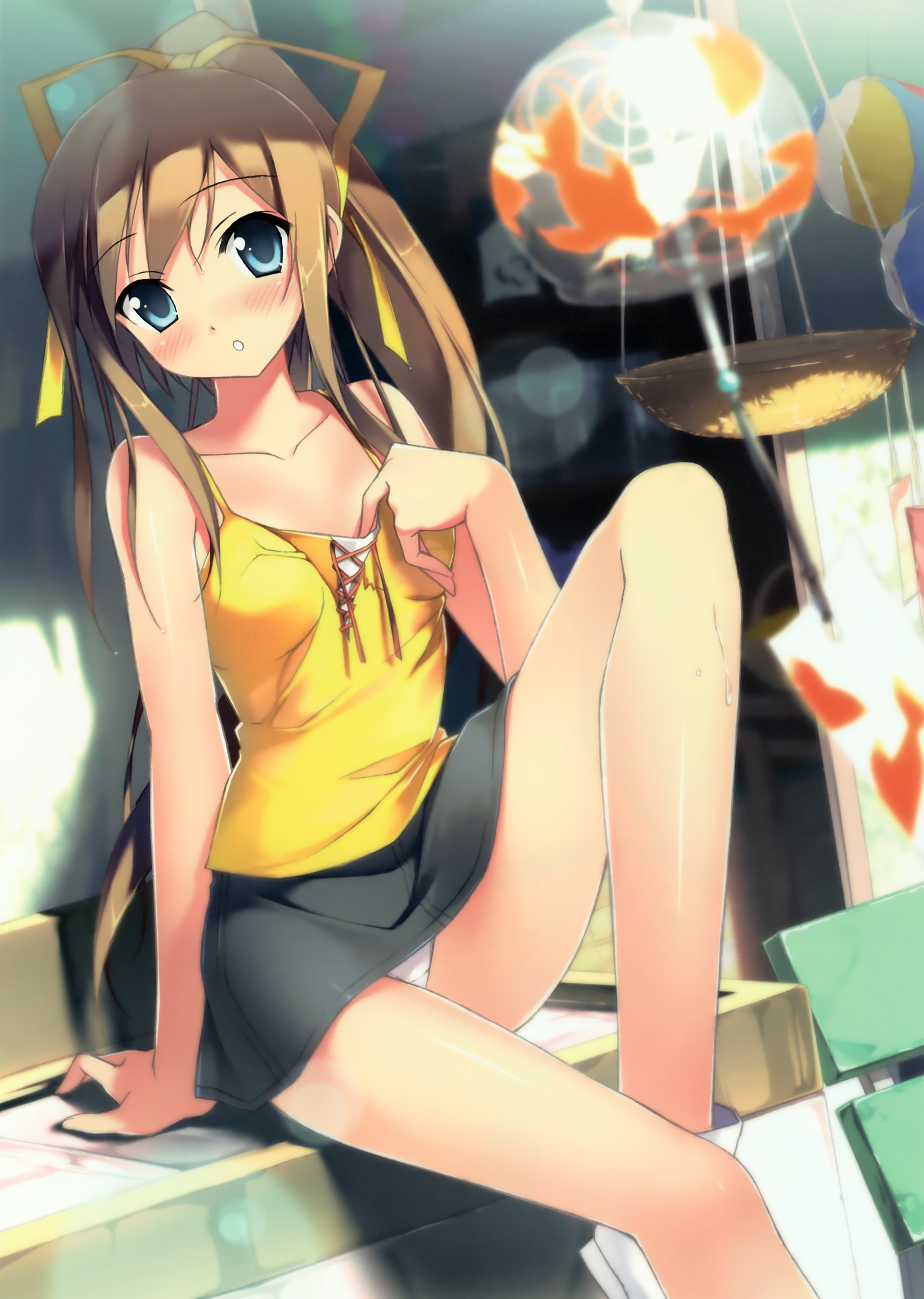 kantoku, miyazawa midori, natsu no ame, absurdres, highres, 1girl, blue eyes, blush, brown hair, female focus, long hair, panties, pantyshot, ponytail, skirt, solo, underwear, upskirt, white panties