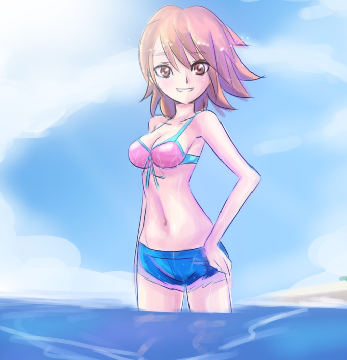 takeba yukari, atlus, persona, persona 3, tagme, bikini, bikini top only, blush, official alternate costume, short shorts, shorts, sky, smile, swimsuit, water