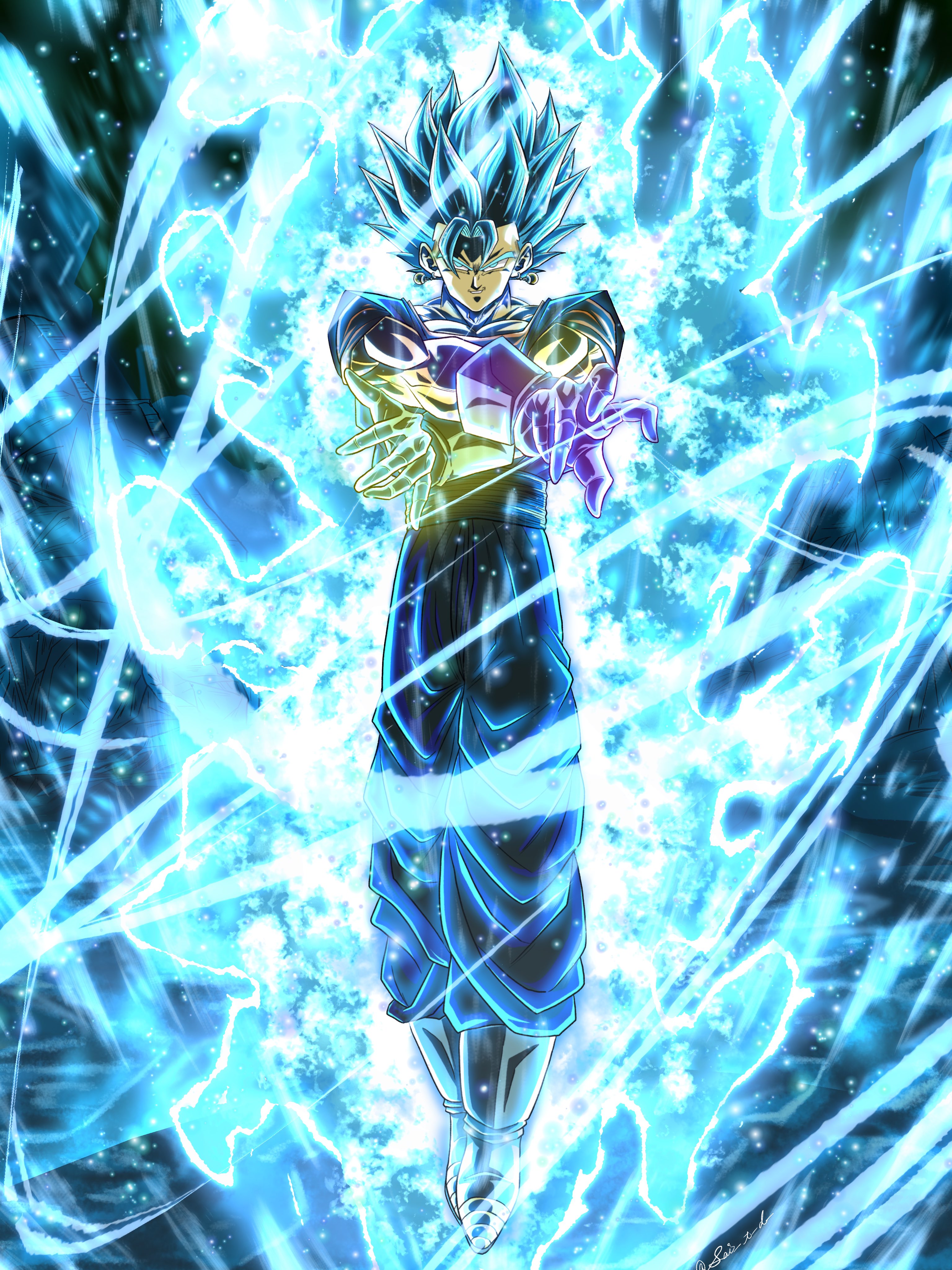 sai t d, vegetto, dragon ball, dragon ball super, absurdres, commentary request, highres, 1boy, aura, blue eyes, blue hair, blue pants, blue sash, blue shirt, boots, dougi, earrings, full body, gloves, jewelry, male focus, medium hair, orange shirt, pants, potara earrings, sash, shirt, solo, spiked hair, super saiyan, super saiyan blue, white boots, white gloves