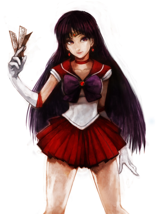 lack, hino rei, sailor mars, bishoujo senshi sailor moon, bad id, bad pixiv id, 1990s (style), 1girl, bow, choker, earrings, elbow gloves, female focus, gloves, jewelry, long hair, magical girl, purple hair, red skirt, retro artstyle, skirt, solo, tiara