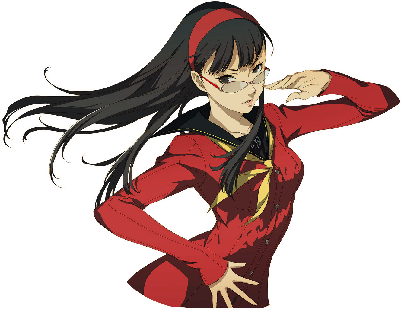 soejima shigenori, amagi yukiko, persona, persona 4, persona 4 the golden, official art, third-party source, 1girl, anime coloring, aran sweater, black eyes, black hair, cable knit, cardigan, glasses, hairband, lips, red-framed eyewear, school uniform, solo, sweater, transparent background, yasogami school uniform