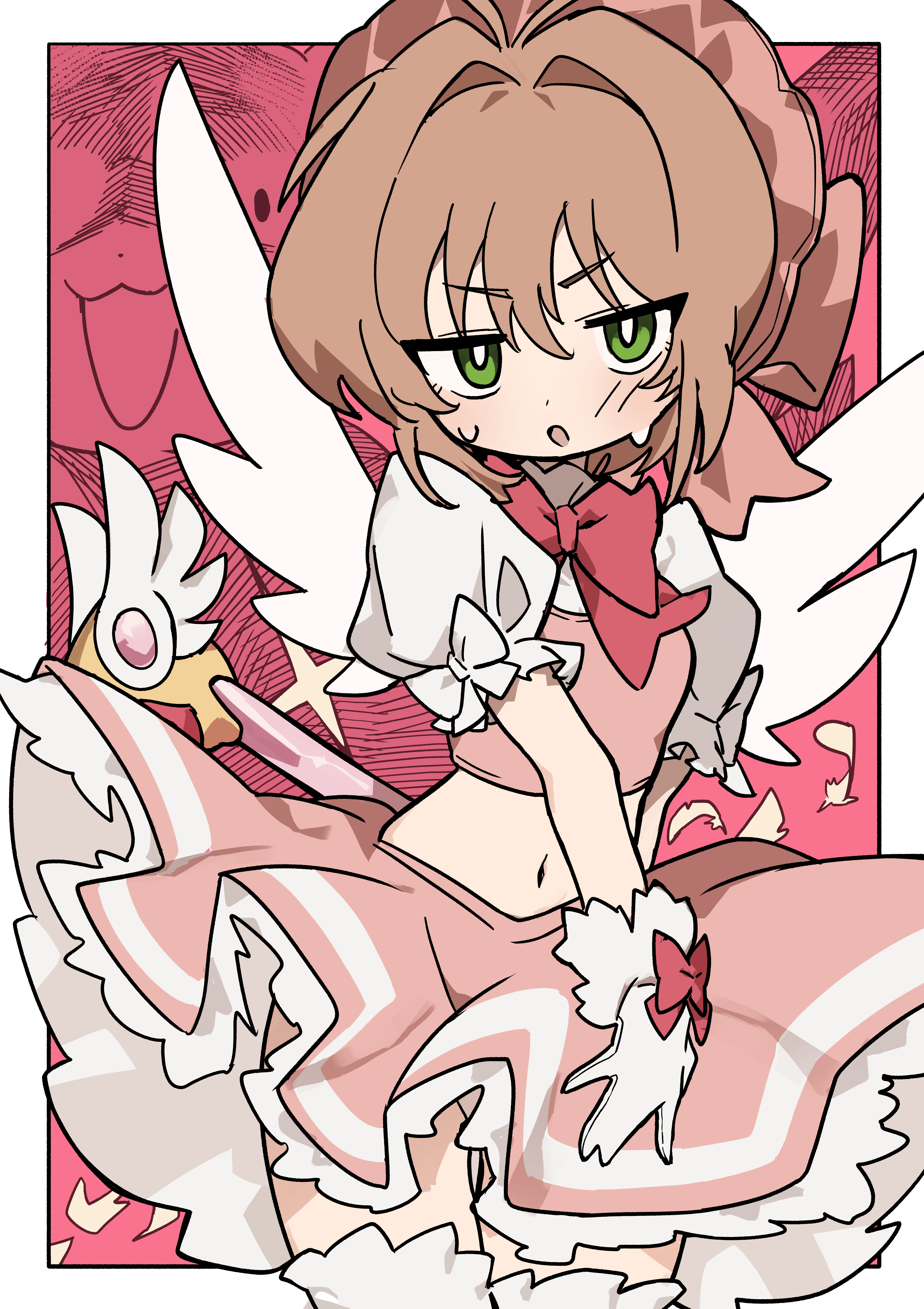 yuateheng, kero (cardcaptor sakura), kinomoto sakura, cardcaptor sakura, absurdres, commentary, highres, 1girl, blush, border, brown hair, cowboy shot, crop top, feathers, frilled skirt, frilled sleeves, frills, fuuin no tsue, glove bow, gloves, green eyes, hat, hat ribbon, looking at viewer, magical girl, midriff, navel, open mouth, outside border, pink hat, pink skirt, puffy short sleeves, puffy sleeves, red background, ribbon, short sleeves, skirt, staff, wand, white border, white gloves, white sleeves, white wings, wings