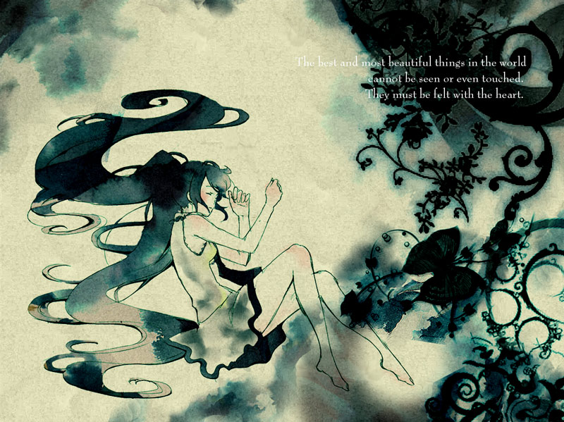 yuhka, hatsune miku, vocaloid, 1girl, bare shoulders, barefoot, bow, bug, butterfly, english text, feet, female focus, fetal position, green theme, hair bow, insect, legs, long hair, lying, monochrome, on side, sleeping, sleeveless, solo, spot color, twintails, very long hair, yellow theme