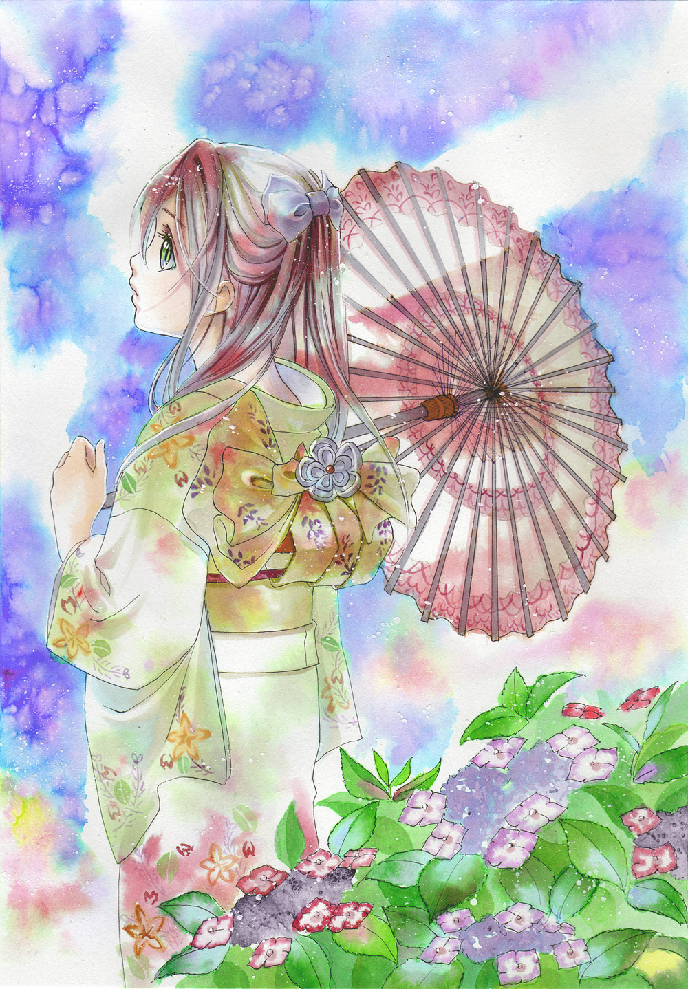 yuhka, original, bad id, bad pixiv id, highres, painting (medium), traditional media, watercolor (medium), 1girl, female focus, floral print, floral print kimono, flower, hydrangea, japanese clothes, kimono, oil-paper umbrella, print kimono, solo, umbrella
