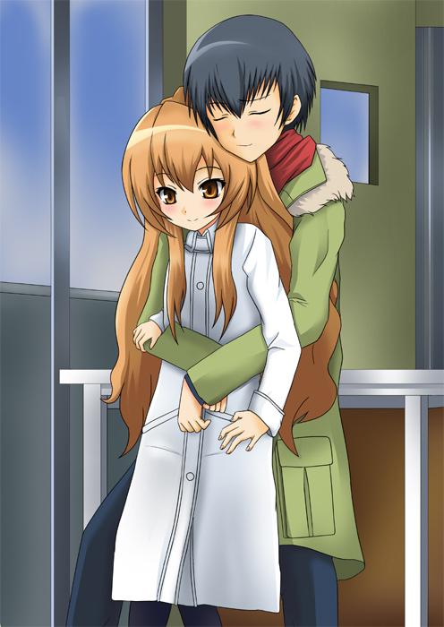 natsuzakura yuuki, aisaka taiga, takasu ryuuji, toradora!, bad id, bad pixiv id, 00s, 1boy, 1girl, blush, brown eyes, closed eyes, hetero, hug, smile