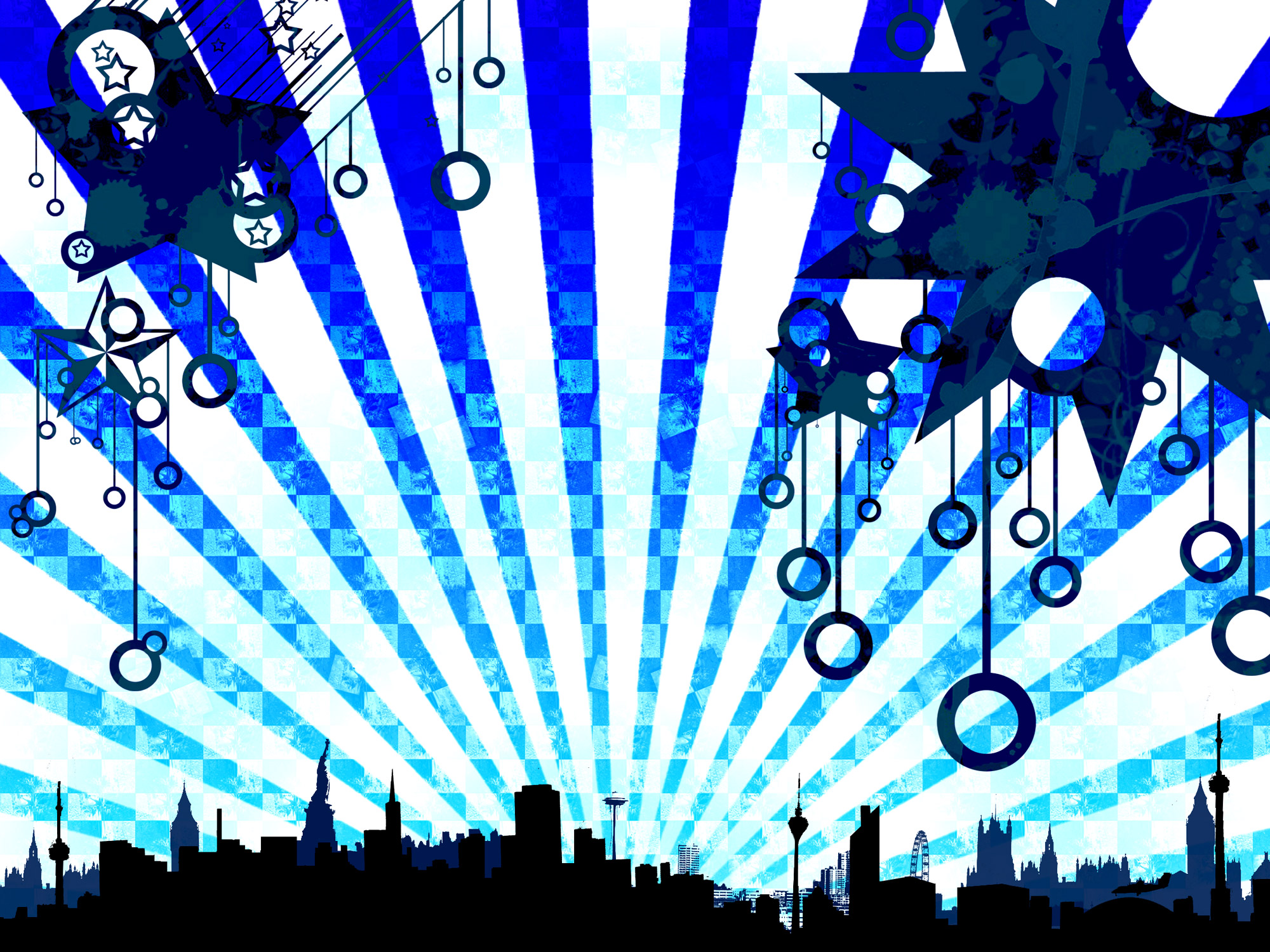 runo, highres, blue background, city, cityscape, landscape, no humans, star (symbol), sun, sunrise