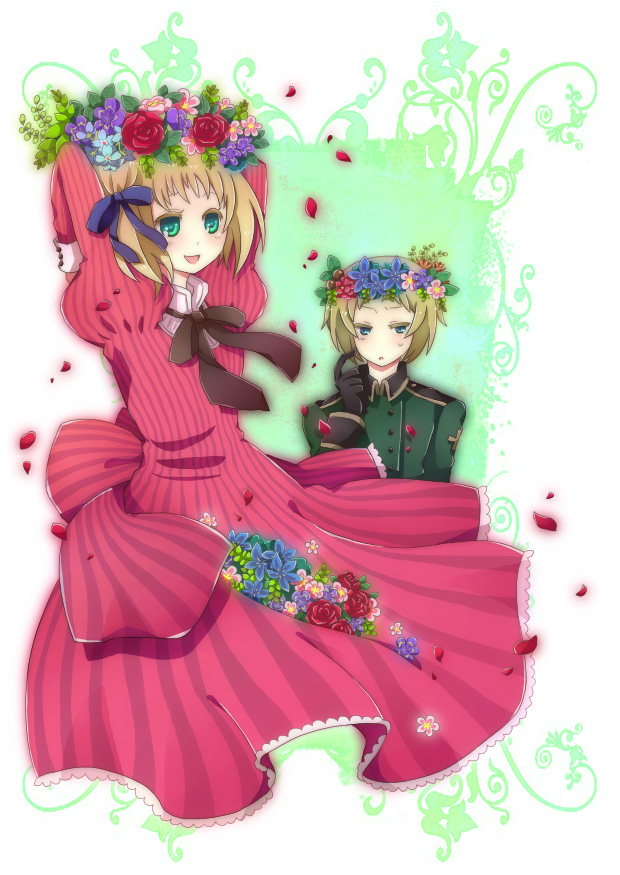 runo, liechtenstein (hetalia), switzerland (hetalia), axis powers hetalia, bad id, bad pixiv id, 00s, blue eyes, bow, dress, flower, hair bow, hair flower, hair ornament, short hair