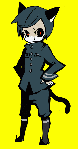 goku-sotsu-kun, bemani, pop'n music, animated, animated gif, 1boy, animal ears, black hair, cat boy, cat ears, cat tail, male focus, red eyes, smile, solo, tail