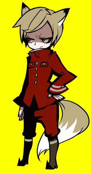 koku-sotsu-kun, bemani, pop'n music, animated, animated gif, 1boy, animal ears, blonde hair, boots, fox tail, full body, hand on own hip, jacket, male focus, pants, red eyes, red jacket, red pants, solo, tail, yellow background