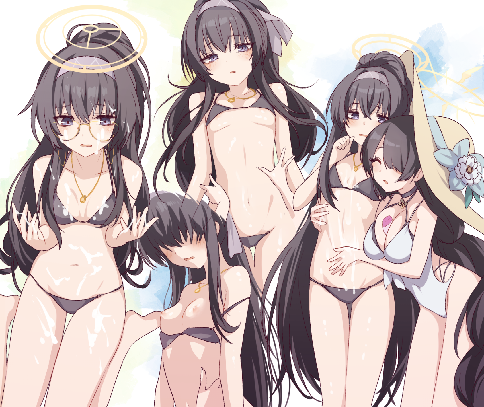 shirokuma-kun, hinata (blue archive), hinata (swimsuit) (blue archive), ui (blue archive), ui (swimsuit) (blue archive), blue archive, clip studio paint (medium), commentary, highres, making-of available, 2girls, :d, ^ ^, barefoot, bikini, black bikini, black choker, black hair, blue eyes, blush, braid, braided ponytail, breasts, breasts out, choker, closed eyes, collarbone, cowboy shot, criss-cross halter, cum, cum on body, cum on hair, cum on hands, cum on legs, cum on stomach, facial, flower, frown, furrowed brow, hair between eyes, hair spread out, halo, halterneck, hands up, hat, hat flower, jewelry, knees out of frame, large breasts, long hair, looking at viewer, low ponytail, multiple girls, multiple views, navel, nipples, official alternate costume, official alternate hairstyle, one-piece swimsuit, open mouth, pendant, ponytail, sidelocks, simple background, sitting, small breasts, smile, solo focus, standing, stomach, straight hair, sun hat, swimsuit, thigh gap, thighs, tsurime, underboob, upper body, very long hair, wariza, white background, white flower, white one-piece swimsuit, yellow halo