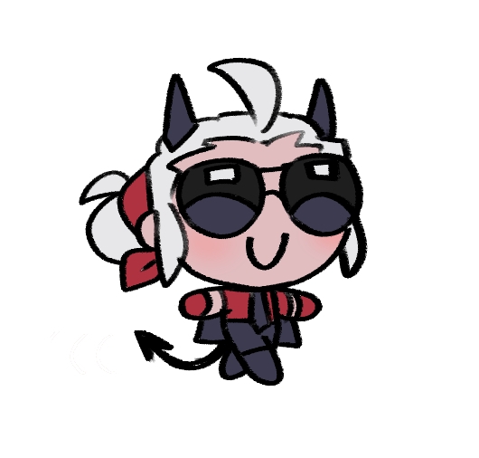 noah (tettsui-sole), justice (helltaker), helltaker, 1girl, ahoge, black horns, black jacket, black necktie, black pants, black tail, chibi, demon girl, demon horns, demon tail, gloves, horns, jacket, jacket on shoulders, necktie, pants, ponytail, red gloves, red shirt, shirt, smile, sunglasses, tail, white background, white hair