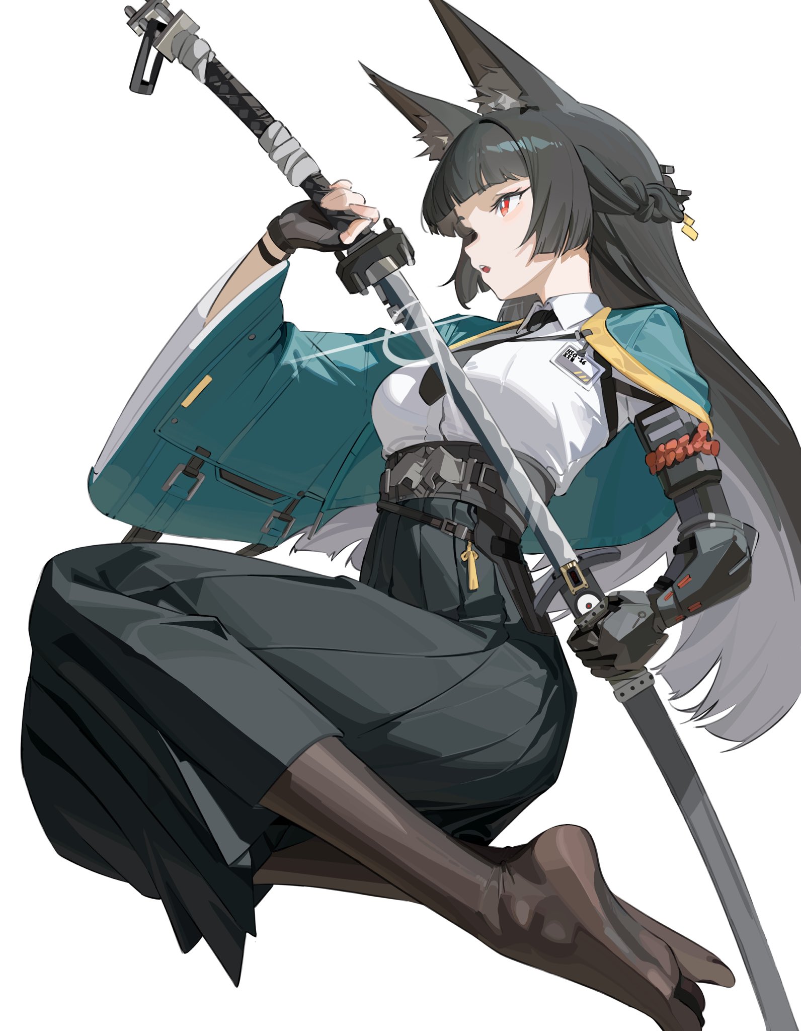 hectorrambito, hoshimi miyabi, zenless zone zero, commentary, highres, 1girl, animal ear fluff, black gloves, black hair, black skirt, blunt bangs, fingerless gloves, from side, full body, gloves, high-waist skirt, holding, holding weapon, long hair, long skirt, parted lips, pleated skirt, profile, red eyes, sheath, simple background, skirt, solo, unsheathing, weapon, white background