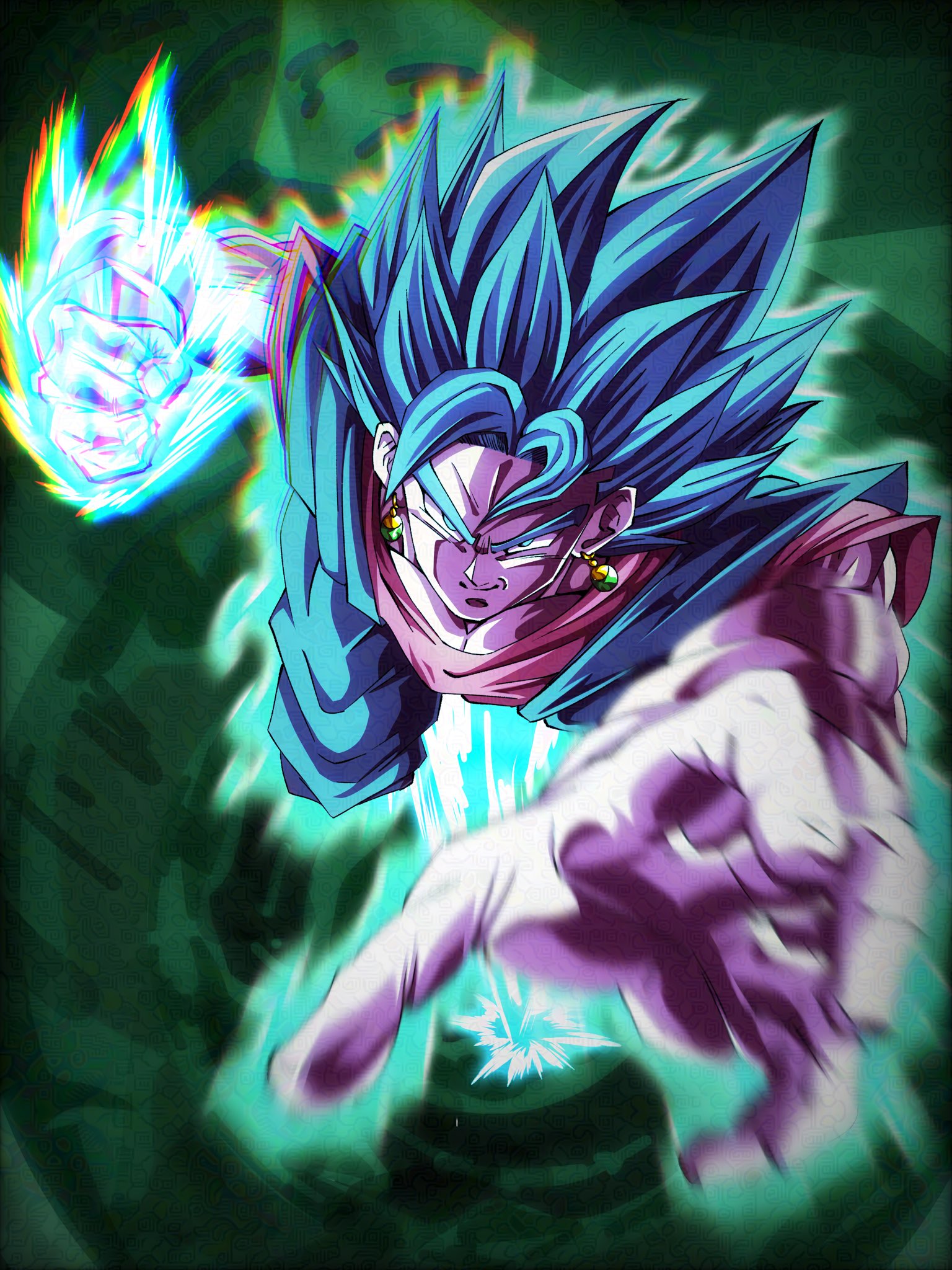 vegetto, dragon ball, dragon ball super, commentary request, highres, 1boy, aura, blue eyes, blue hair, blue pants, blue shirt, blurry, blurry foreground, clenched hand, closed mouth, dougi, earrings, gloves, green background, jewelry, male focus, medium hair, orange shirt, pants, potara earrings, shirt, smirk, solo, spiked hair, white gloves, yuuaroart