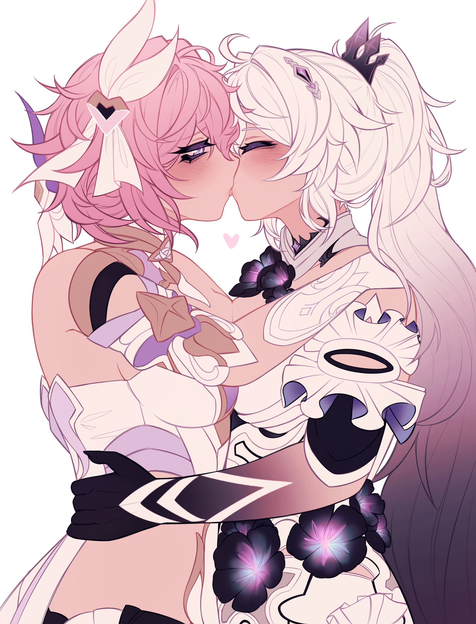 minxinq, elysia (herrscher of human: ego) (honkai impact), elysia (honkai impact), kiana kaslana, kiana kaslana (herrscher of finality), honkai (series), honkai impact 3rd, commentary, commission, highres, 2girls, ahoge, breasts, closed eyes, corset, dress, gloves, gradient hair, hair ornament, high ponytail, kiss, large breasts, long hair, multicolored hair, multiple girls, pink hair, ponytail, purple eyes, purple hair, purple hands, short hair, simple background, tiara, two-tone hair, very long hair, white background, white corset, white dress, white gloves, white hair, yuri