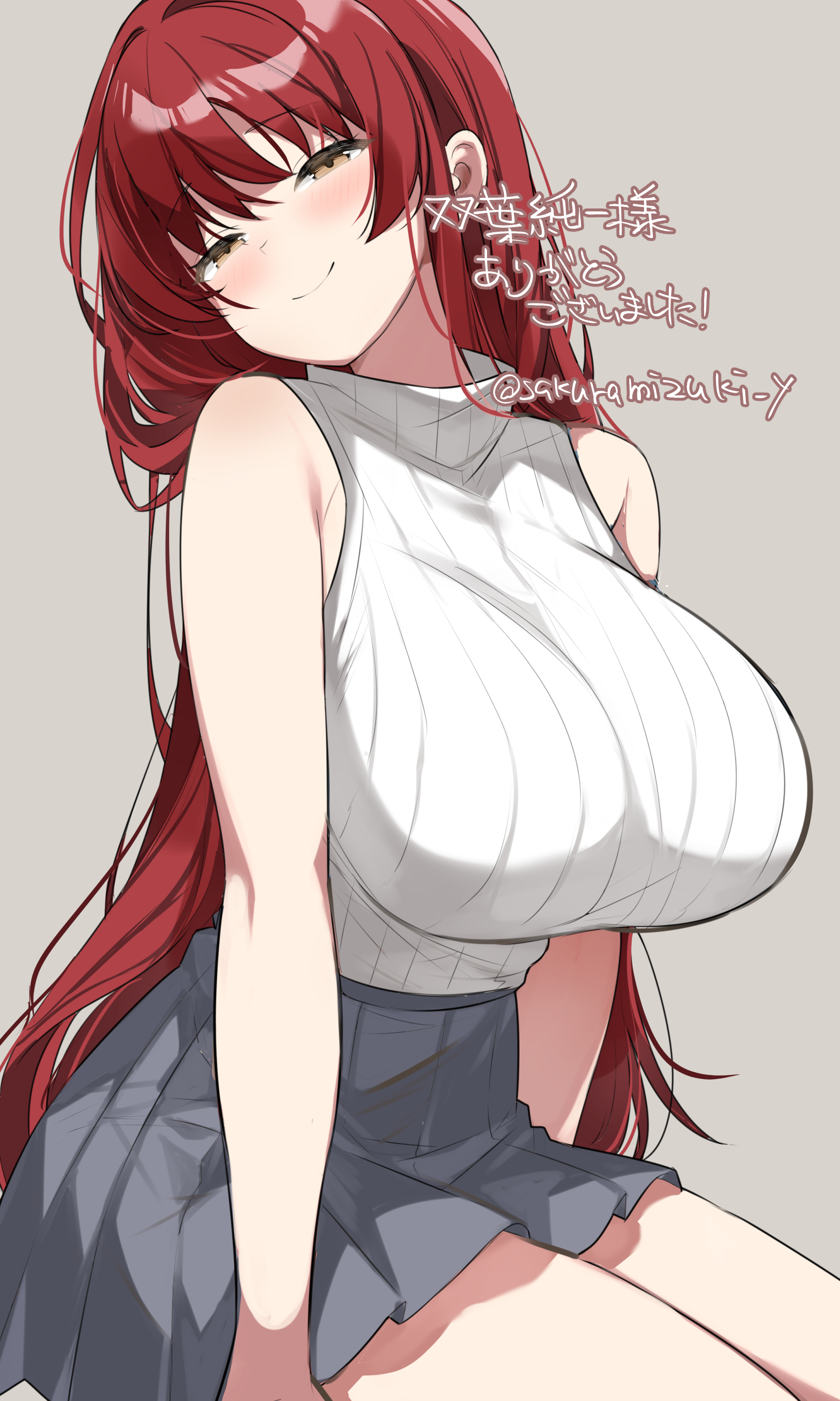 urabanasimati, absurdres, character request, commission, copyright request, highres, skeb commission, 1girl, breasts, brown eyes, closed mouth, grey background, grey skirt, large breasts, long hair, pleated skirt, red hair, ribbed shirt, shirt, sitting, skirt, sleeveless, sleeveless shirt, smile, solo, twitter username, white shirt