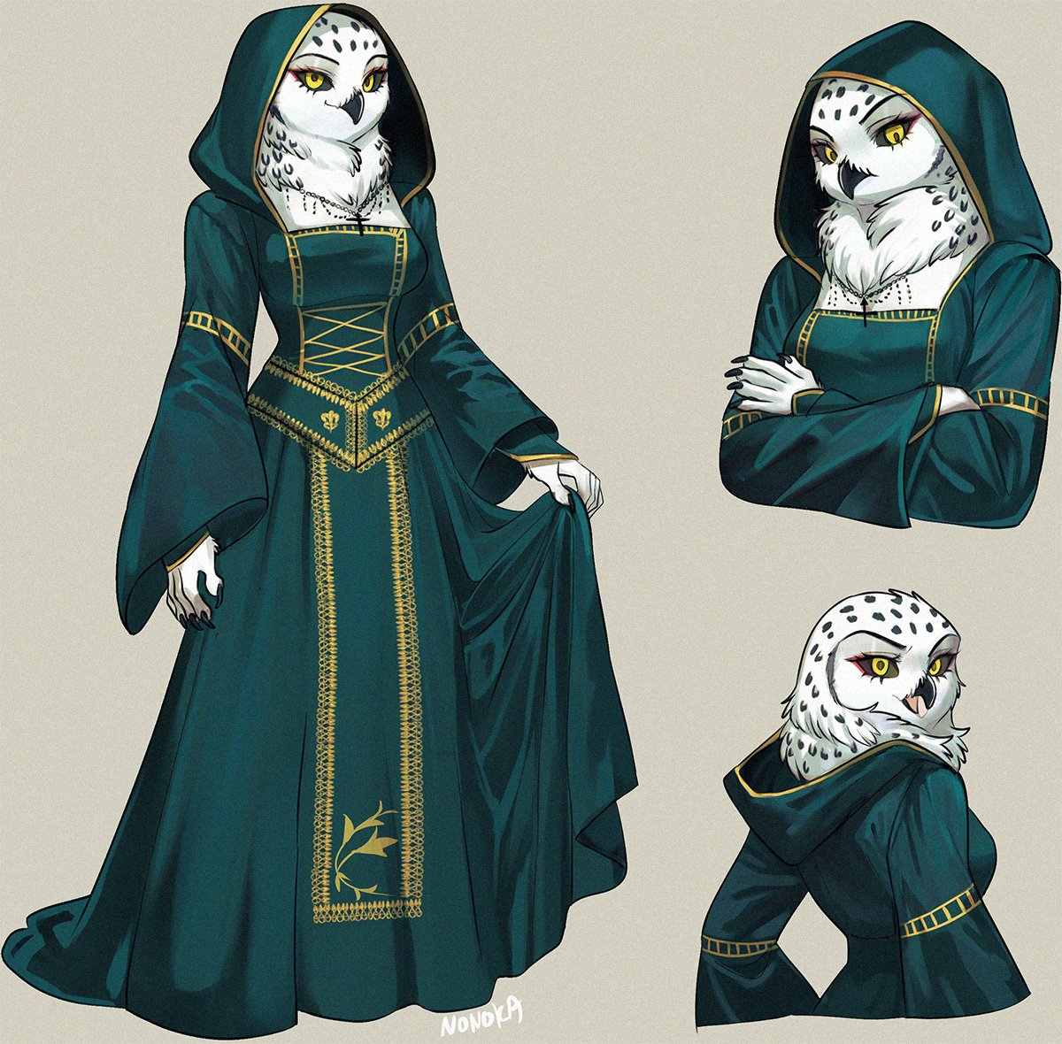 nonoka917, original, commentary, english commentary, 1girl, beak, bird, bird girl, black sclera, colored sclera, dress, embroidered dress, embroidery, full body, gold embroidery, green dress, grey background, hood, owl, owl girl, personification, simple background, snowy owl, solo
