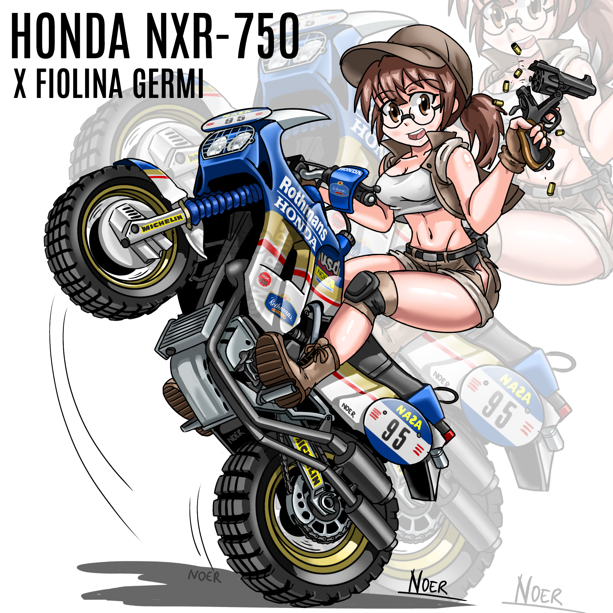 noerartworks, fio germi, honda, metal slug, commentary, highres, 1girl, artist name, boots, breasts, brown boots, brown eyes, brown gloves, brown hair, brown hat, brown shorts, brown vest, character name, clothing cutout, crop top, field cap, fingerless gloves, full body, glasses, gloves, gun, handgun, hat, hip vent, holding, holding gun, holding weapon, honda nxr750, knee pads, looking at viewer, medium breasts, medium hair, midriff, motor vehicle, motorcycle, navel, on motorcycle, open clothes, open mouth, open vest, ponytail, revolver, riding, short shorts, shorts, smile, solo, tank top, teeth, upper teeth only, vest, weapon, wheelie, white tank top, zoom layer