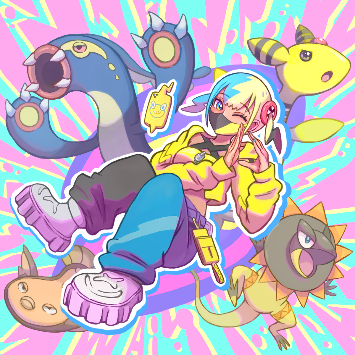 wai152, ampharos, canari (pokemon), eelektross, rotom, rotom phone, stunfisk, nintendo, pokemon, pokemon legends: z-a, commentary request, highres, 1girl, aqua eyes, aqua hair, bandeau, black hair, blonde hair, cellphone, claws, closed mouth, eyelashes, fangs, full body, gen 2 pokemon, gen 4 pokemon, gen 5 pokemon, jacket, mask, mouth mask, multicolored hair, nostrils, one eye closed, open clothes, open jacket, open mouth, outline, pants, phone, pokemon (creature), pokemon team, shoes, smartphone, split-color clothes, split-color hair, twintails, two-tone mask, two-tone pants, white outline, white shoes, yellow bandeau, yellow jacket