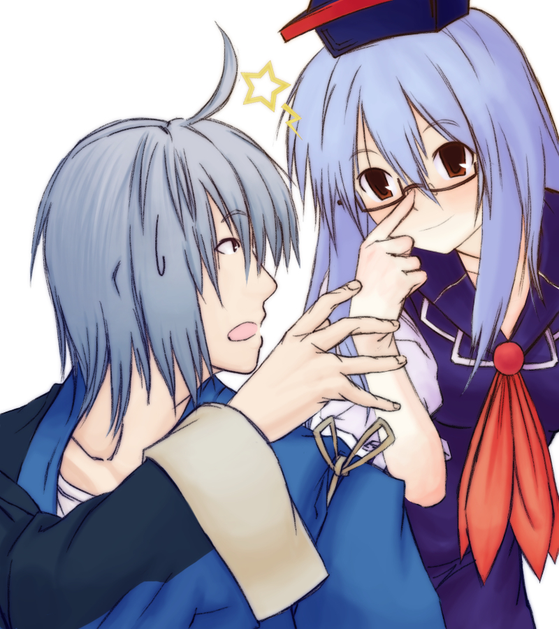 eho (icbm), kaiho, kamishirasawa keine, morichika rinnosuke, touhou, silver hair, bad id, bad pixiv id, 1boy, 1girl, ahoge, bespectacled, blue hair, brown eyes, couple, glasses, hat, hetero, japanese clothes, long hair, necktie, red eyes, short hair