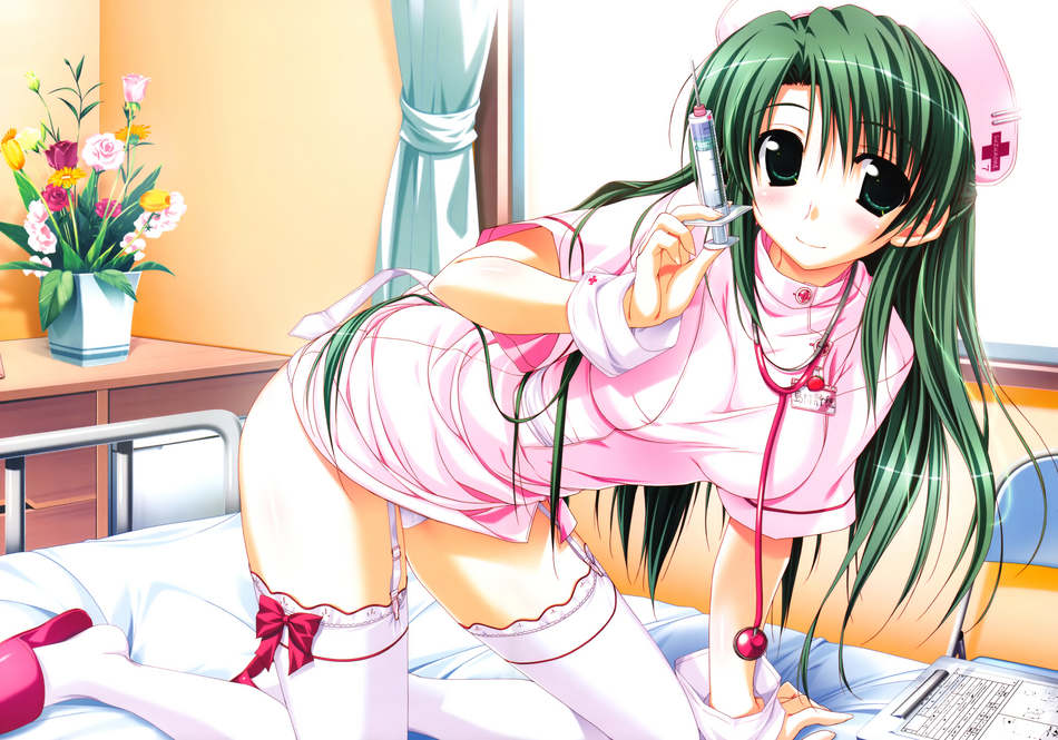 artist request, character request, source request, all fours, bed, blush, breasts, cleavage, green eyes, green hair, nurse, panties, smile, underwear