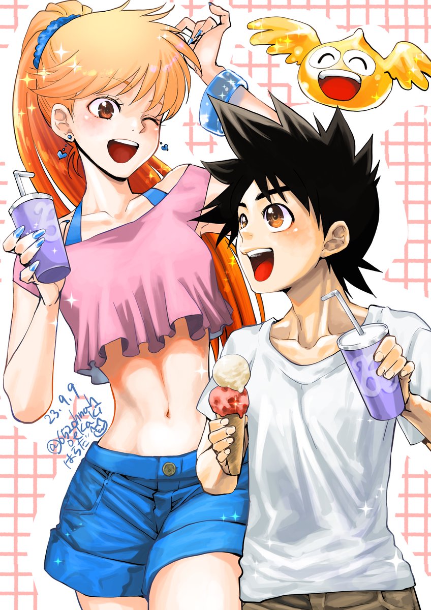 hnahoekaki, dai (dragon quest), gome, princess leona, dragon quest, dragon quest dai no daibouken, highres, 1boy, 1girl, black hair, brown eyes, brown hair, casual, dated, denim, denim shorts, earrings, food, heart, heart earrings, holding, holding food, holding ice cream, ice cream, jewelry, long hair, midriff, nail polish, navel, one eye closed, open mouth, shorts, smile, sparkle