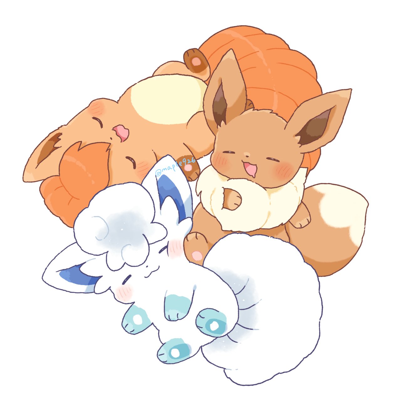 kana (maple926), alolan vulpix, eevee, vulpix, nintendo, pokemon, commentary request, highres, alolan form, animal focus, blush, closed eyes, closed mouth, drooling, gen 1 pokemon, gen 7 pokemon, lying, no humans, open mouth, pokemon (creature), simple background, sleeping, smile, twitter username, white background