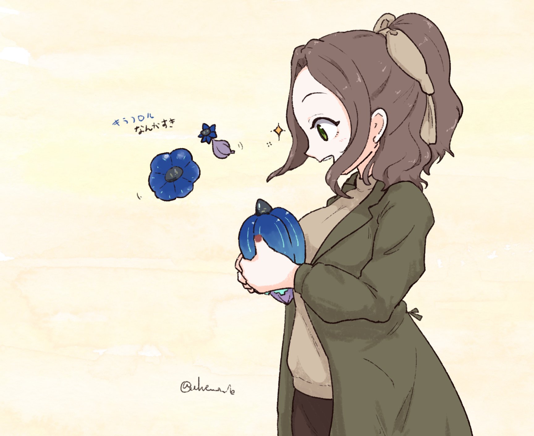 olto rondo, original, commentary request, highres, translation request, 1girl, blush, bow, brown bow, brown hair, brown shirt, cowboy shot, from side, green eyes, green jacket, hair bow, holding, jacket, long hair, long sleeves, looking down, mitsuha-chan (olto rondo), open mouth, shirt, smile, solo, yellow background