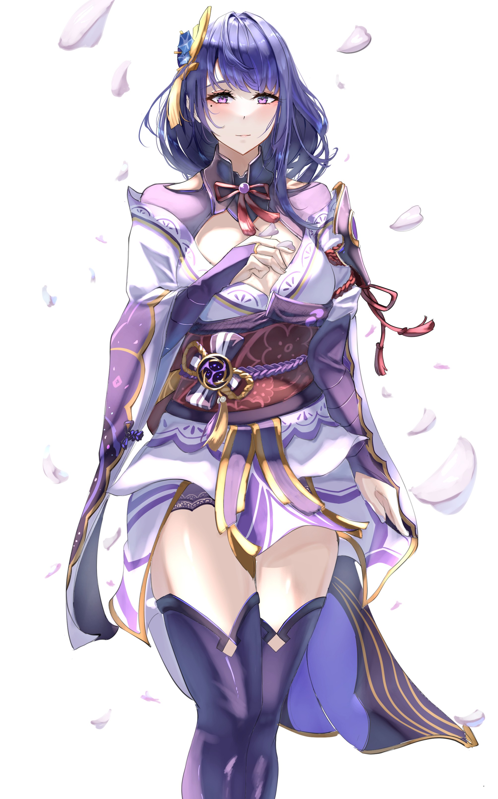 kamishiro noa, raiden shogun, genshin impact, absurdres, commentary request, highres, 1girl, armor, blunt bangs, blush, braid, breasts, bridal gauntlets, cherry blossoms, cleavage, closed mouth, clothing cutout, falling petals, hair ornament, japanese clothes, kimono, large breasts, lingerie, long braid, long hair, looking at viewer, mole, mole under eye, neck ribbon, petals, purple eyes, purple hair, purple kimono, purple nails, purple thighhighs, red ribbon, red sash, ribbon, sash, shade, shoulder armor, shoulder cutout, single braid, solo, thighhighs, thighs, underwear, white background