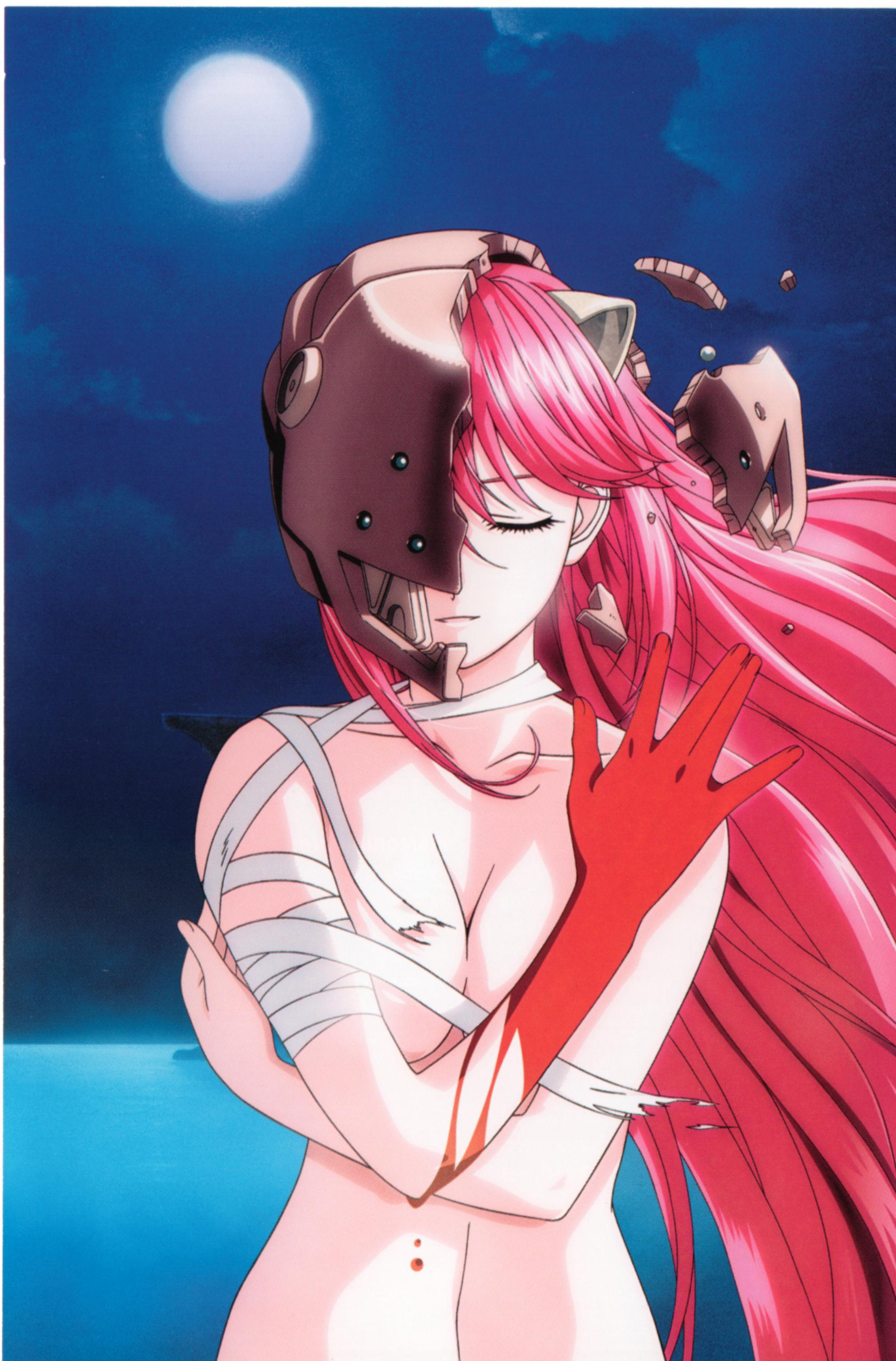 lucy (elfen lied), nyuu, elfen lied, absurdres, highres, official art, 00s, 1girl, bandages, blood, breasts, cleavage, female focus, horns, long hair, monster girl, moon, night, pink hair, smile, solo