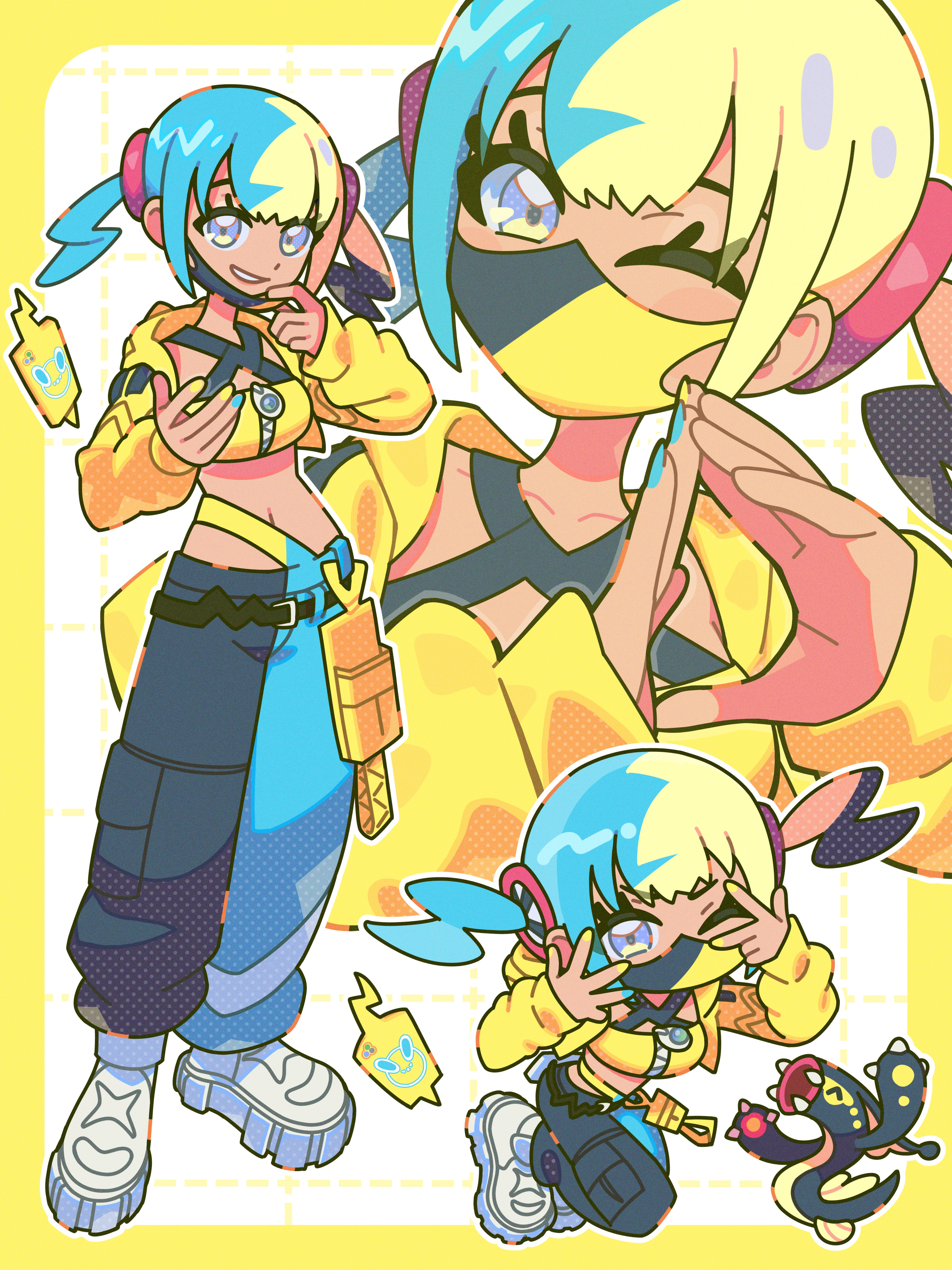 iechi, canari (pokemon), eelektross, rotom, rotom phone, nintendo, pokemon, pokemon legends: z-a, absurdres, commentary request, highres, 1girl, ^ ^, aqua hair, aqua nails, bandeau, belt, black belt, black hair, blonde hair, blue eyes, border, breasts, cellphone, chibi, chibi inset, closed eyes, cropped jacket, dark-skinned female, dark skin, eyelashes, fangs, fingernails, full body, gen 4 pokemon, gen 5 pokemon, grid background, jacket, long sleeves, mask, mask pull, midriff, mouth mask, multicolored hair, multicolored nails, multiple views, nail polish, navel, one eye closed, open clothes, open jacket, outline, pants, phone, pokemon (creature), shoes, smartphone, smile, split-color clothes, split-color hair, twintails, two-tone nails, two-tone pants, white background, white outline, white shoes, yellow bandeau, yellow border, yellow jacket, yellow nails