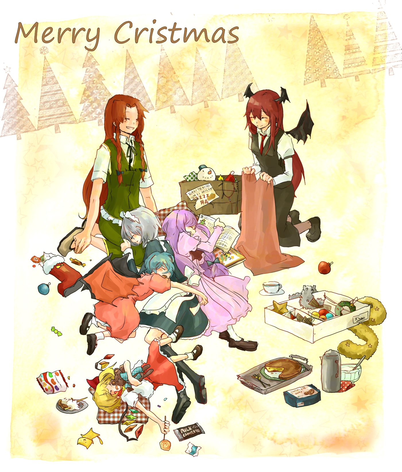 kurau kii, flandre scarlet, hong meiling, izayoi sakuya, koakuma, patchouli knowledge, remilia scarlet, embodiment of scarlet devil, touhou, silver hair, bad id, bad pixiv id, highres, 6+girls, :d, ^ ^, bat wings, blanket, blonde hair, blue hair, cake, candy, chocolate, chocolate bar, christmas, christmas stocking, closed eyes, english text, engrish text, female focus, food, head wings, multiple girls, open mouth, pastry, purple hair, ranguage, red hair, sleeping, smile, stuffed animal, stuffed toy, wings