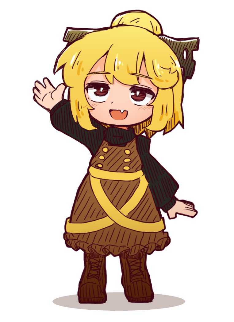 kide koushin, kurodani yamame, touhou, 1girl, arm up, black shirt, blonde hair, boots, bright pupils, brown boots, brown dress, deformed, dress, fang, frilled dress, frills, full body, hatching (texture), linear hatching, medium hair, open mouth, pinafore dress, red eyes, sanpaku, shirt, simple background, skin fang, sleeveless, sleeveless dress, smile, solo, white pupils