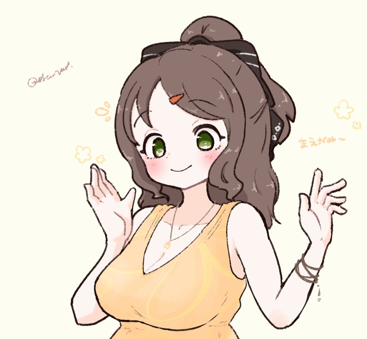 olto rondo, original, commentary request, 1girl, black bow, blush, bow, breasts, brown hair, cleavage, closed mouth, double-parted bangs, green eyes, hair bow, hair ornament, hands up, jewelry, large breasts, medium hair, mitsuha-chan (olto rondo), necklace, orange tank top, simple background, smile, solo, tank top, tareme, upper body