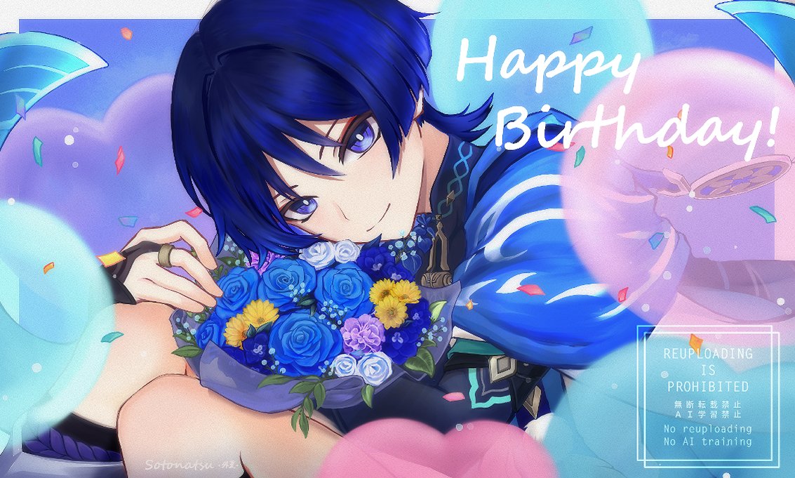sotonatsu 279, scaramouche (genshin impact), wanderer (genshin impact), genshin impact, hashtag-only commentary, 1boy, blue eyes, blue flower, blue hair, blue rose, closed mouth, flower, happy birthday, hime cut, holding, holding flower, jewelry, male focus, ring, rose, white flower, white rose