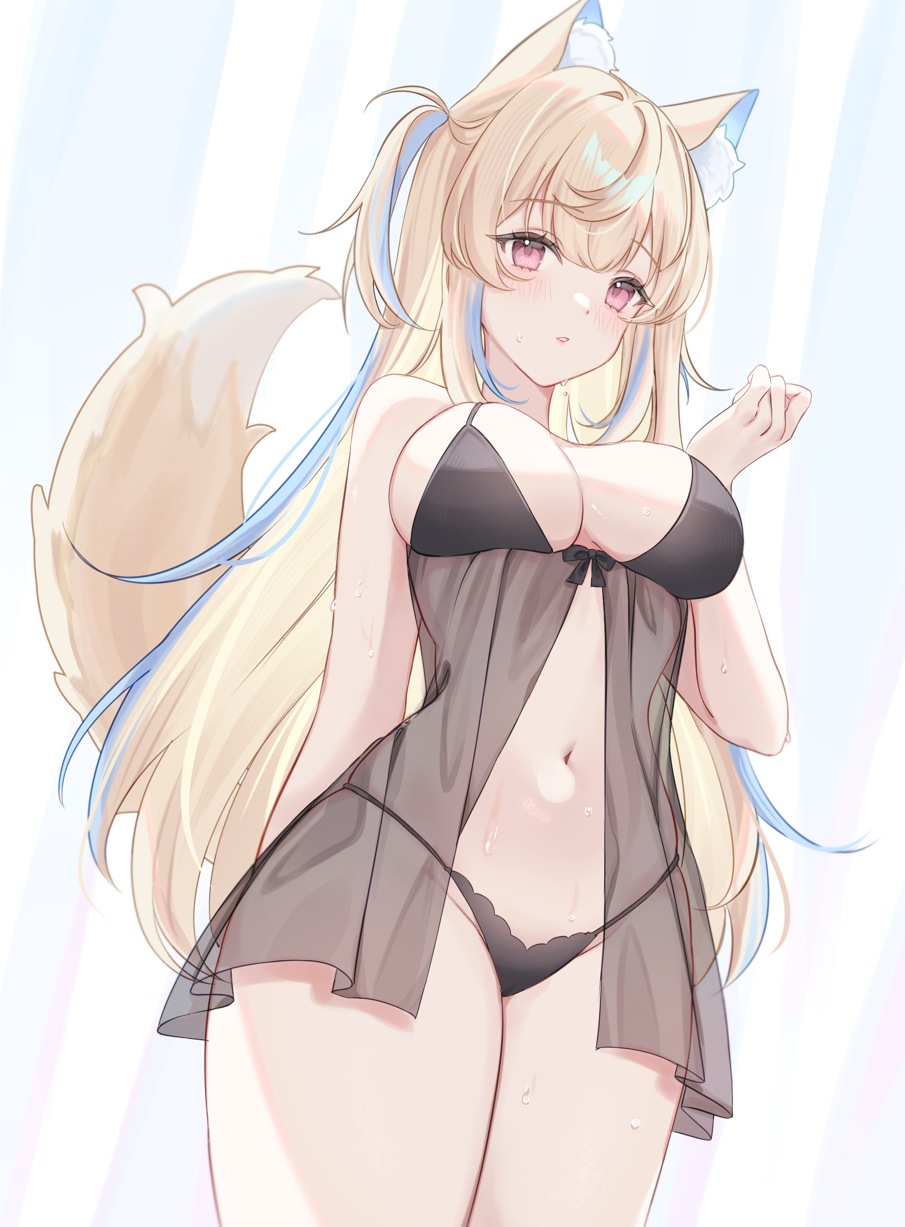 cherriuna, fuwawa abyssgard, hololive, hololive english, absurdres, commentary, highres, 1girl, alternate costume, animal ear fluff, animal ears, babydoll, black babydoll, black bra, black panties, blue hair, blush, bra, breasts, cowboy shot, dog ears, dog girl, dog tail, large breasts, lingerie, long hair, looking at viewer, multicolored hair, navel, panties, parted lips, pink background, see-through babydoll, see-through clothes, solo, streaked hair, tail, two-tone hair, two side up, underwear, virtual youtuber, wet