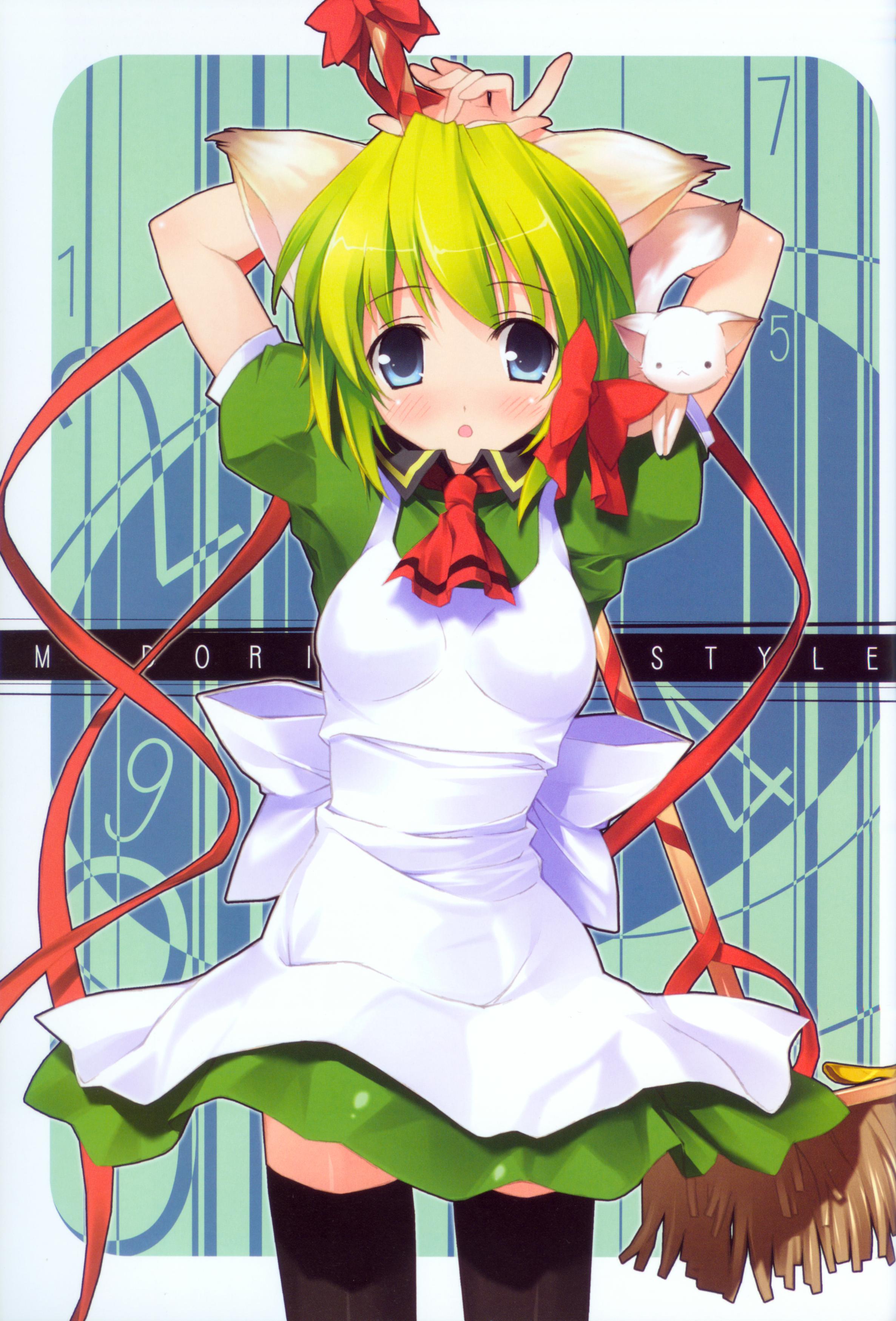 kantoku, absurdres, highres, animal ears, black thighhighs, blue eyes, blush, broom, cat, green hair, solo, thighhighs