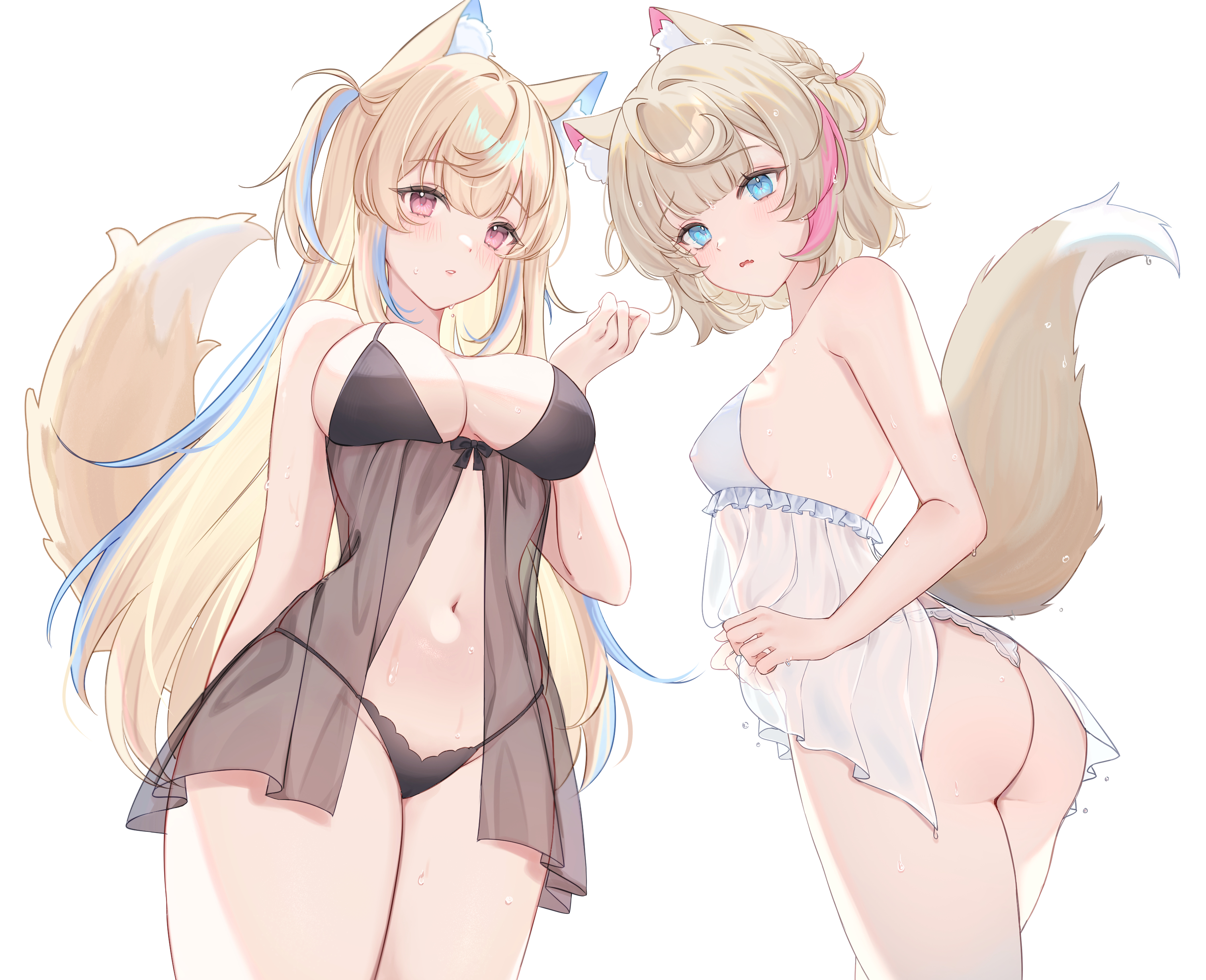 cherriuna, fuwawa abyssgard, mococo abyssgard, hololive, hololive english, absurdres, commentary, highres, 2girls, alternate costume, animal ear fluff, animal ears, ass, babydoll, bare shoulders, black babydoll, black bra, black panties, blue eyes, blue hair, blush, bra, braid, breasts, covered erect nipples, cowboy shot, dog ears, dog girl, dog tail, fang, large breasts, lingerie, long hair, looking at viewer, multicolored hair, multiple girls, navel, panties, parted lips, pink background, pink hair, see-through babydoll, see-through clothes, short hair, siblings, sideboob, sisters, skin fang, small breasts, streaked hair, tail, twins, two-tone hair, two side up, underwear, very long hair, virtual youtuber, wet, white babydoll, white panties