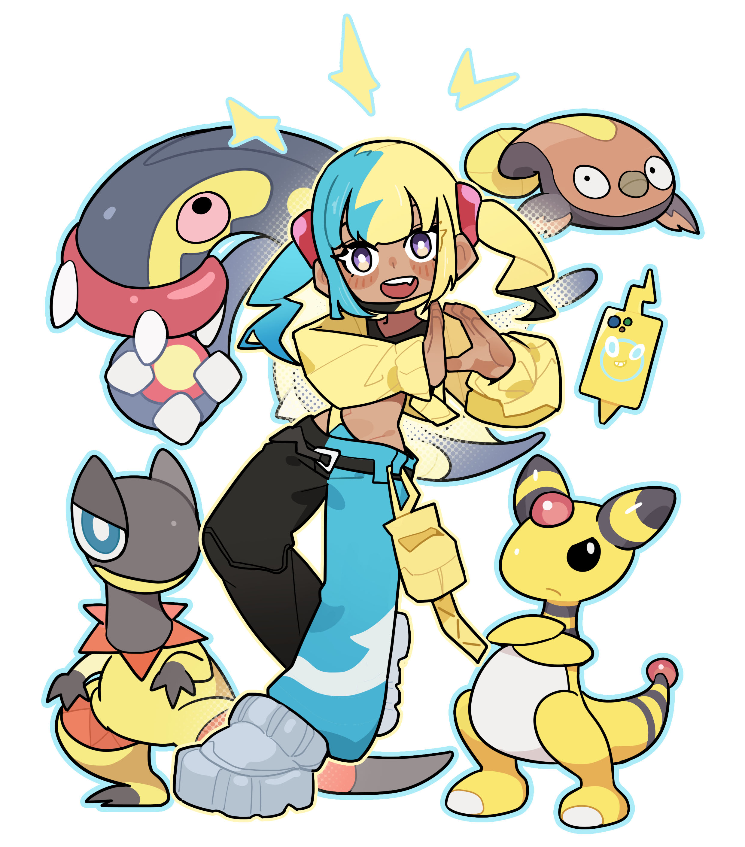 yibingxigua (894 yuko), ampharos, canari (pokemon), eelektross, heliolisk, stunfisk, nintendo, pokemon, pokemon legends: z-a, absurdres, commentary, highres, symbol-only commentary, 1girl, aqua hair, black hair, blonde hair, blue eyes, blush, bright pupils, closed mouth, cropped jacket, crossed arms, dark-skinned female, dark skin, eyelashes, fang, fangs, full body, gen 2 pokemon, gen 5 pokemon, gen 6 pokemon, jacket, long sleeves, midriff, multicolored hair, open clothes, open jacket, open mouth, pants, pokemon (creature), pokemon team, purple eyes, shoes, simple background, smile, split-color clothes, split-color hair, standing, teeth, twintails, two-tone pants, upper teeth only, white background, white pupils, white shoes, yellow jacket