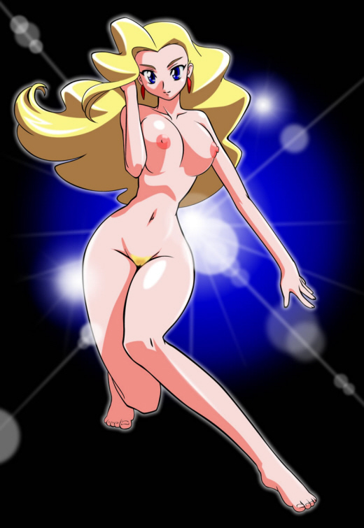 swan white, yuusha ou gaogaigar, yuusha series, 1990s (style), 1girl, barefoot, blonde hair, blue eyes, breasts, completely nude, female focus, female pubic hair, full body, large breasts, long hair, looking at viewer, nude, pubic hair, pussy, retro artstyle, simple background, smile, solo, uncensored