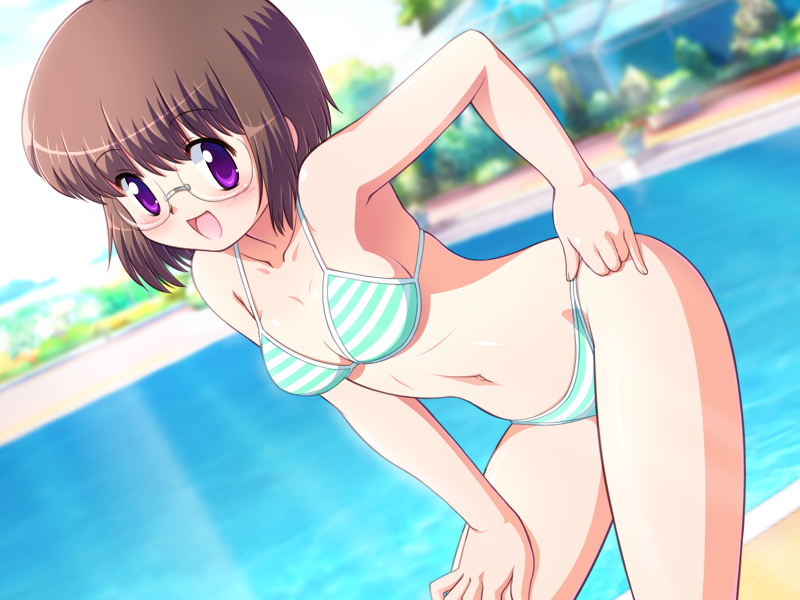 artist request, character request, source request, bikini, blush, breasts, brown hair, cleavage, glasses, purple hair, smile, swimsuit, water