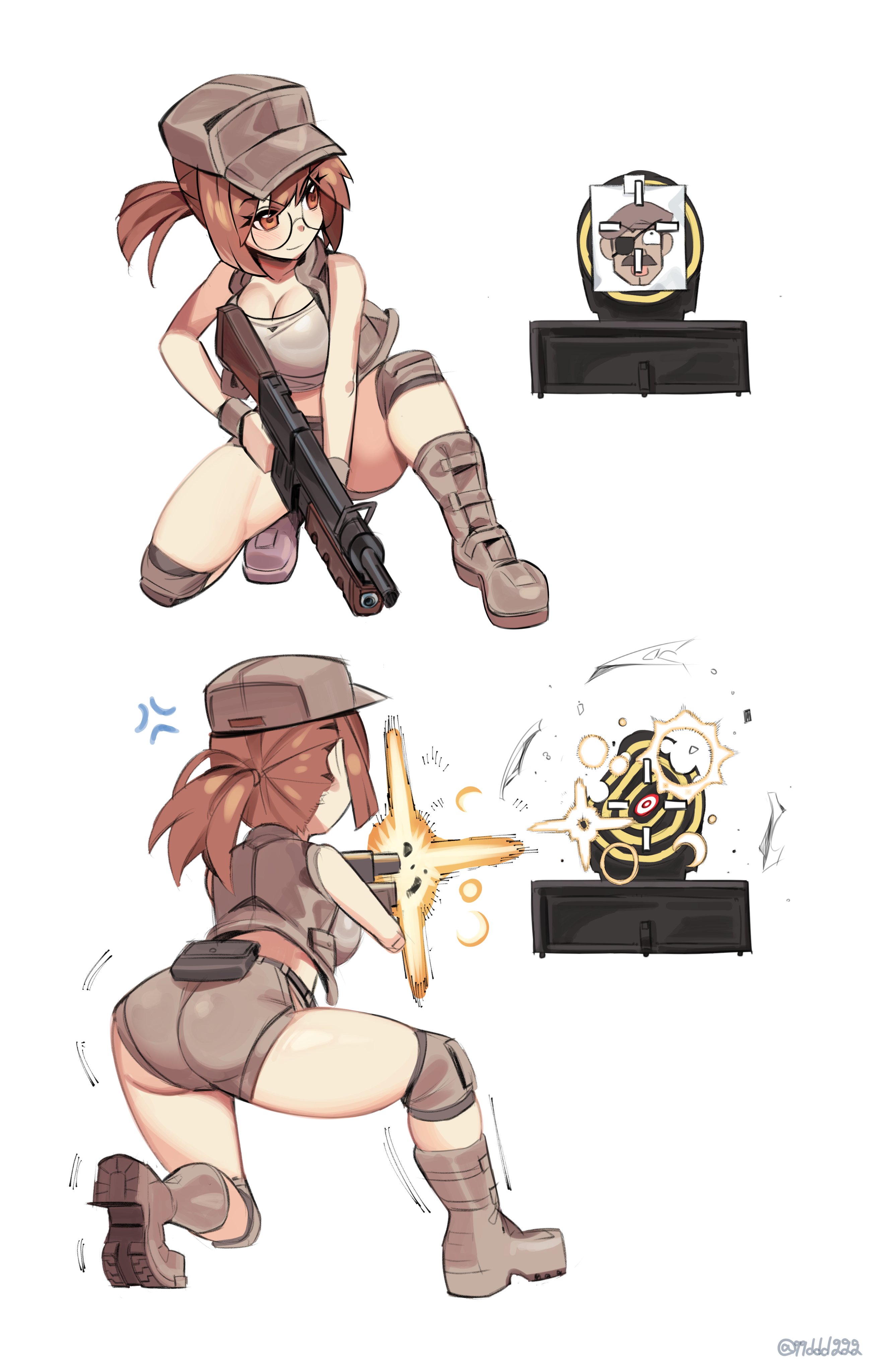 ddg160, fio germi, goddess of victory: nikke, metal slug, absurdres, commentary, highres, 1girl, aiming, anger vein, artist name, ass, bare shoulders, boots, breasts, brown boots, brown eyes, brown hair, brown hat, brown shorts, brown vest, cleavage, field cap, firing, glasses, gun, hat, holding, holding gun, holding weapon, knee pads, large breasts, meme, multiple views, nikke's shooting pose (meme), on one knee, open clothes, open vest, round eyewear, short shorts, shorts, simple background, target practice, vest, weapon, white background, wristband