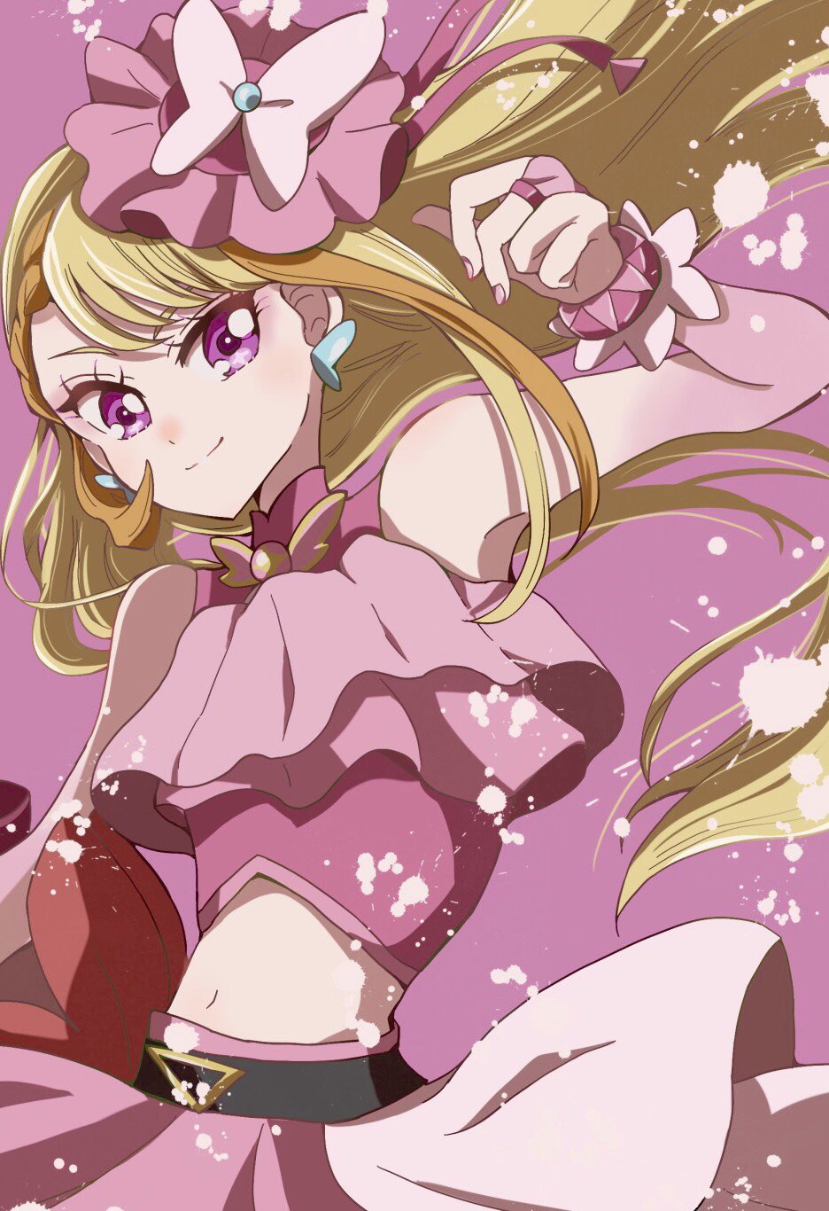 natonanto, cure butterfly, hijiri ageha, hirogaru sky! precure, precure, highres, 1girl, blonde hair, bow, braid, braided bangs, bridal gauntlets, brooch, butterfly hat ornament, closed mouth, cropped shirt, earrings, elbow gloves, frilled shirt, frills, gloves, hat, hat ornament, jewelry, long hair, looking at viewer, magical girl, midriff, miniskirt, mob cap, multicolored hair, navel, orange hair, pink gloves, pink hat, pink shirt, pink skirt, pleated skirt, purple eyes, red bow, shirt, skirt, skirt bow, sleeveless, sleeveless shirt, smile, solo, tilted headwear, two-tone hair, very long hair, wing brooch