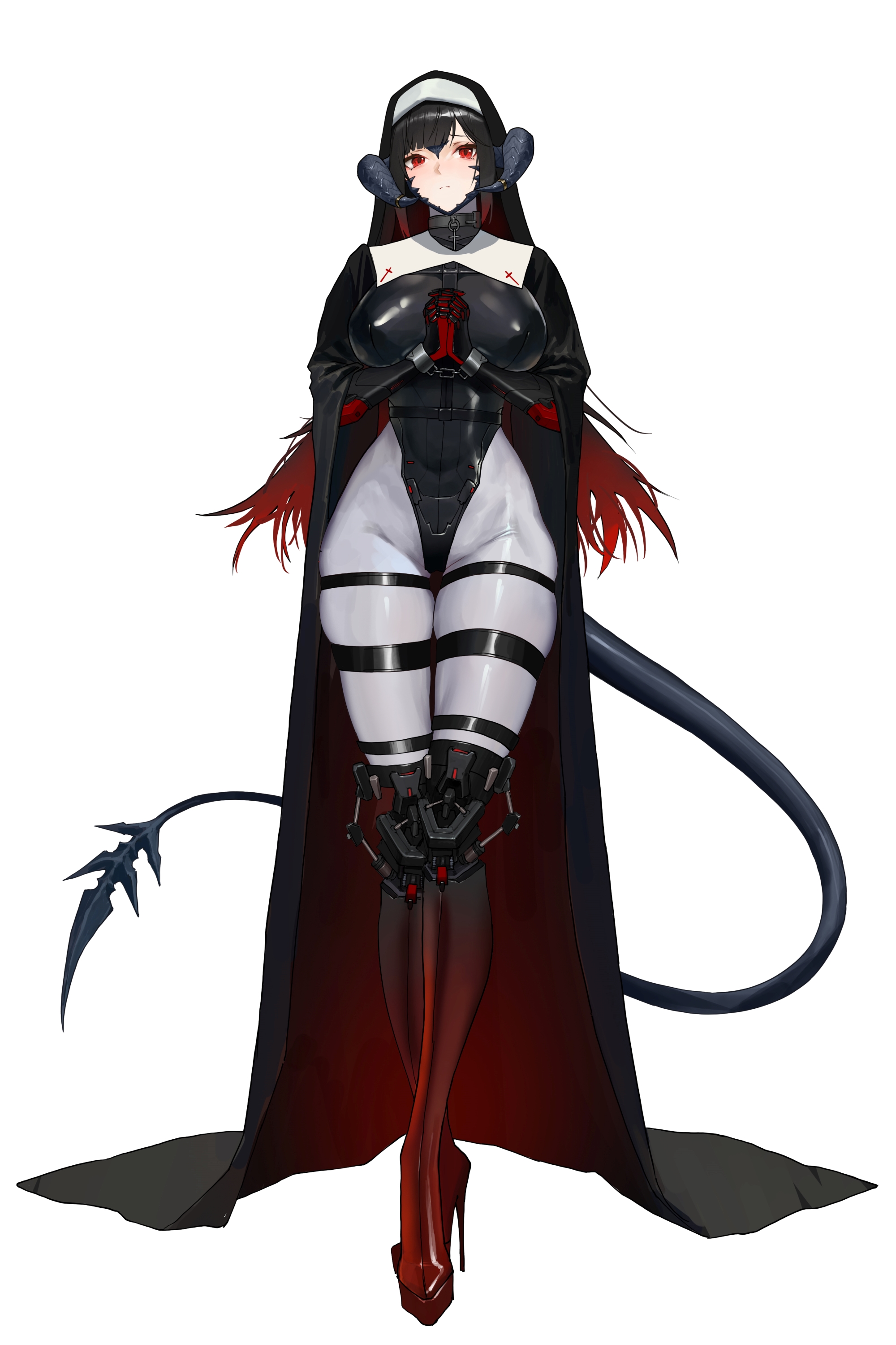 elegia, original, absurdres, commentary request, highres, 1girl, au ra, black hair, bound, breasts, cloak, collar, colored tips, horns, large breasts, latex, latex leotard, leotard, long hair, looking at viewer, mechanical legs, multicolored hair, nun, nun headdress, red eyes, red hair, restrained, skindentation, solo, tail, thigh gap, thigh strap, very long hair