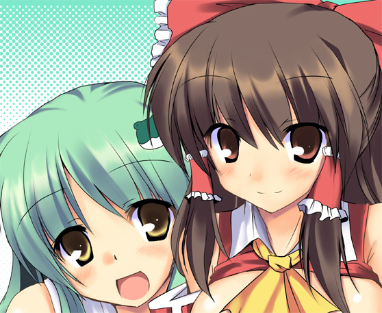 ryokushiki (midori-ya), hakurei reimu, kochiya sanae, touhou, bad id, bad pixiv id, 2girls, blush, breasts, brown eyes, brown hair, clothes lift, female focus, green hair, hair ornament, half updo, multiple girls, out-of-frame censoring, shirt lift, smile, yellow eyes
