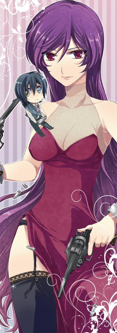 nakayama miyuki, allelujah haptism, tieria erde, gundam, gundam 00, bad id, bad pixiv id, gender request, long image, tall image, 00s, 1girl, 2boys, breasts, chibi, chibi inset, cleavage, covered erect nipples, crossdressing, garter belt, genderswap, gun, handgun, heterochromia, lips, long hair, multiple boys, purple hair, red eyes, revolver, thighhighs, trap, weapon