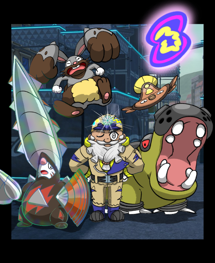 diggersby, excadrill, hippowdon, hippowdon (male), mega excadrill, stunfisk, tarragon (pokemon), nintendo, pokemon, pokemon legends: z-a, commentary request, beard, black border, blue boots, boots, border, brown helmet, brown jacket, brown pants, buck teeth, building, closed mouth, daisuke umiushi, dark-skinned male, dark skin, facial hair, full body, game screenshot background, gen 4 pokemon, gen 5 pokemon, gen 6 pokemon, glowing, grey eyes, hands on own hips, helmet, jacket, mega pokemon, mega stone, midair, mustache, old, old man, one eye closed, open mouth, outdoors, pants, pokemon (creature), pokemon team, scaffolding, screenshot background, standing, straight-on, teeth, torn clothes, torn pants, white hair