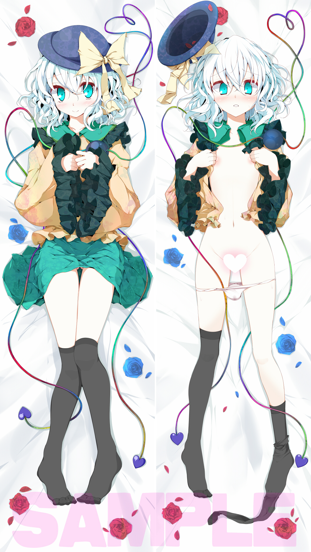 oouso, komeiji koishi, touhou, silver hair, bad id, bad pixiv id, highres, 1girl, bed, blue flower, blue rose, censored, dakimakura (medium), female focus, flat chest, flower, gluteal fold, green eyes, hat, heart, heart censor, lying, multiple views, navel, nipples, no panties, panties, panty pull, rose, short hair, socks, thighhighs, underwear